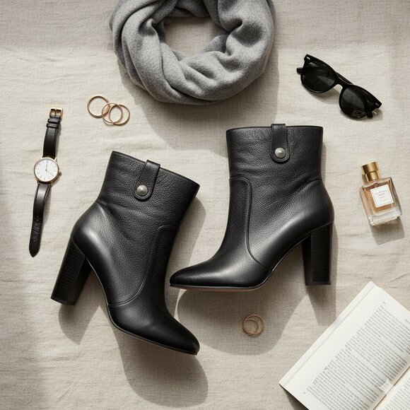 NWOT Paige Black Pebbled Leather Heeled Ankle Booties w/ Pewter Stud Size 7.5 - Picture 1 of 15